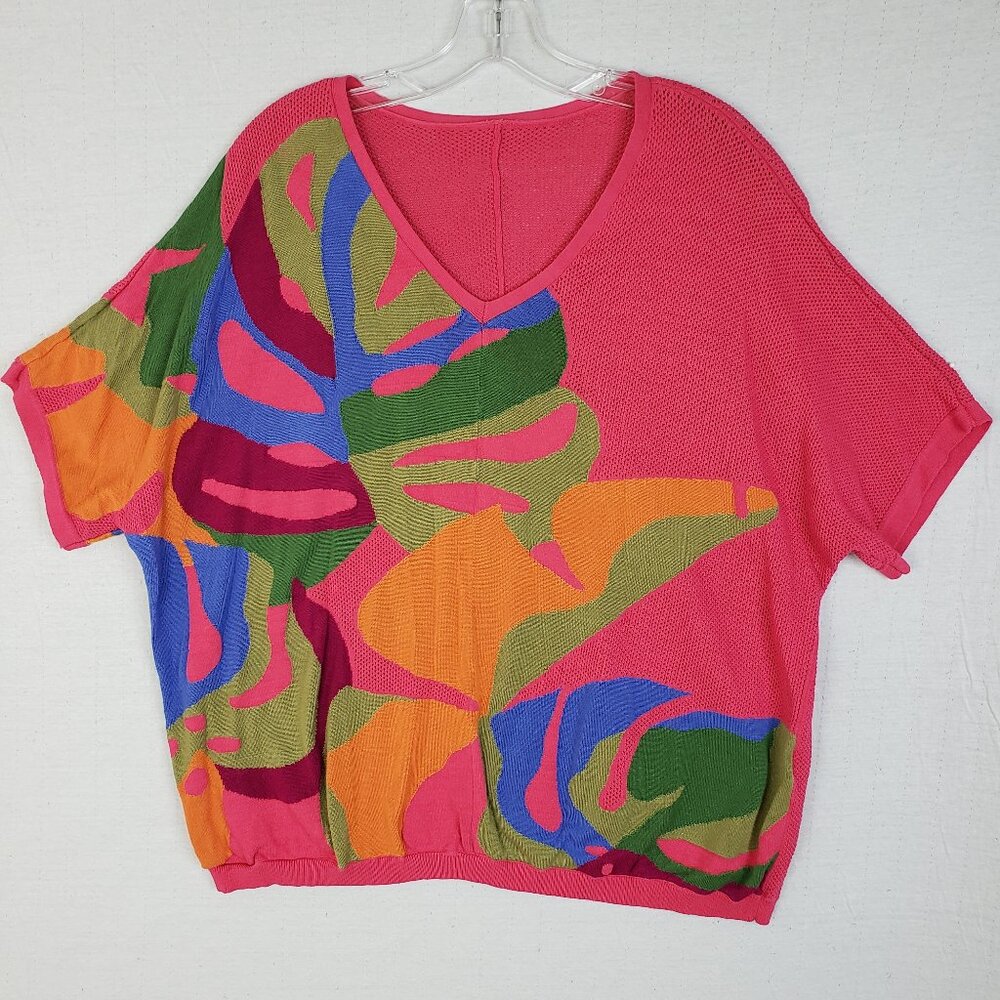 CHICOS Pullover Sweater Pink Artsy Abstract Colorful Tropical Mesh Knit size XL - Picture 2 of 9